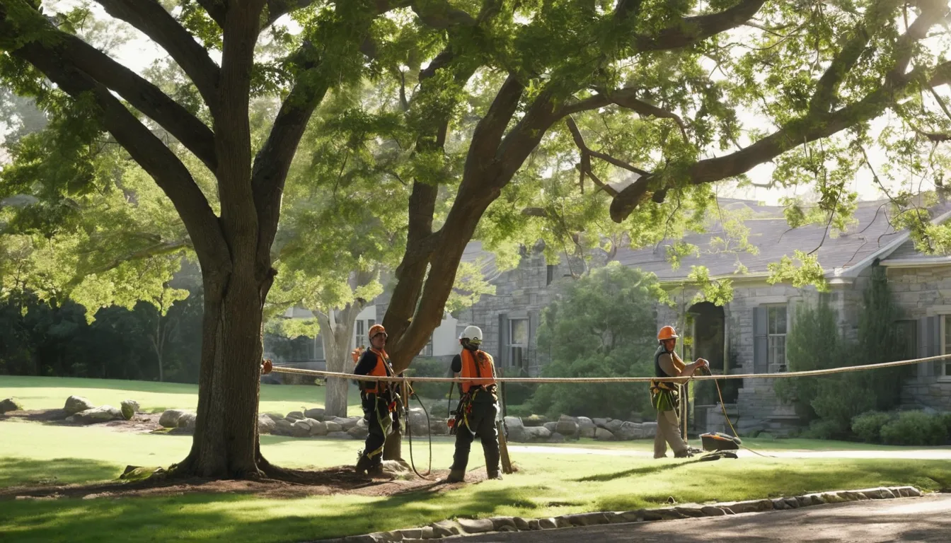 A local provider crew safely lowering a tree section beside an older home in Buffalo